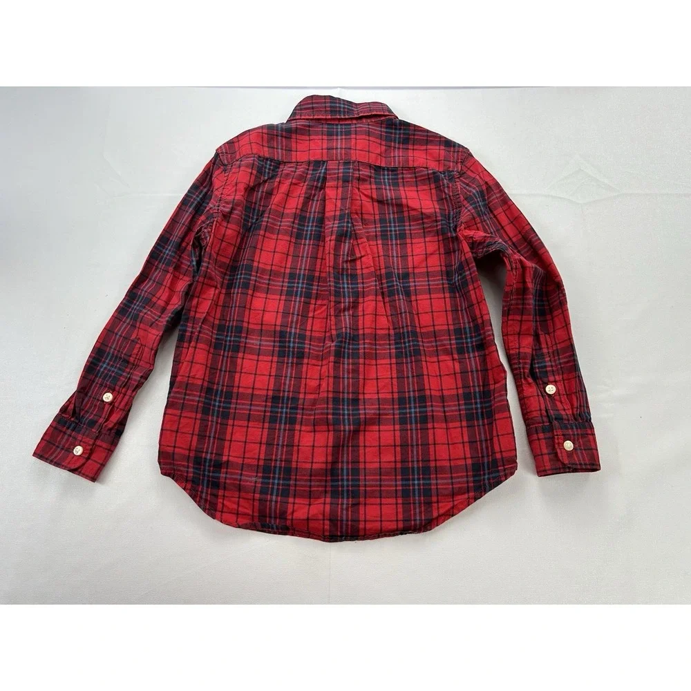 Ralph Lauren Boys Size 5 Red Navy Plaid Button Down Shirt 100% Cotton
